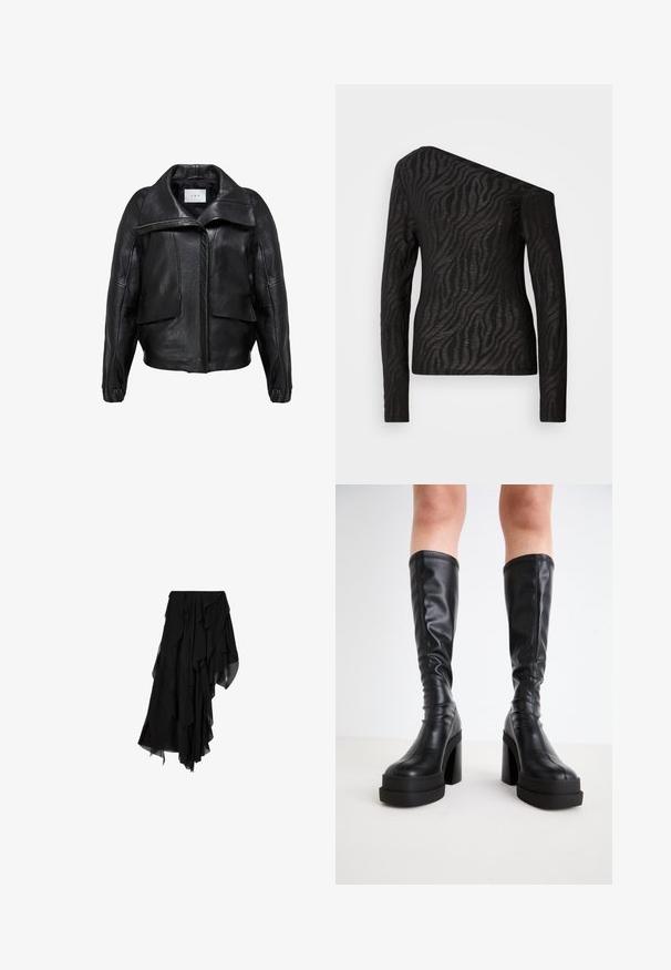 Schwarzlederjacke mit strukturiertem Design, breitem Kragen, großen Fronttaschen und einem Reißverschluss auf der Vorderseite. Glatte Textur.; Schwarzes langärmliges Oberteil mit asymmetrischem Ausschnitt, ausgestattet mit einem Zebra-Streifen-Muster und einer durchsichtigen Textur.; Schwarzer asymmetrischer Rock mit geschichteten, fließenden Chiffonstoffen, die einen gerafften, ungleichmäßigen Saum erzeugen.; Schwarze knöchelhohe Stiefel aus glattem Leder, ausgestattet mit einer dicken Plateausohle und einem Blockabsatz, mit genähten Details entlang der Kanten.