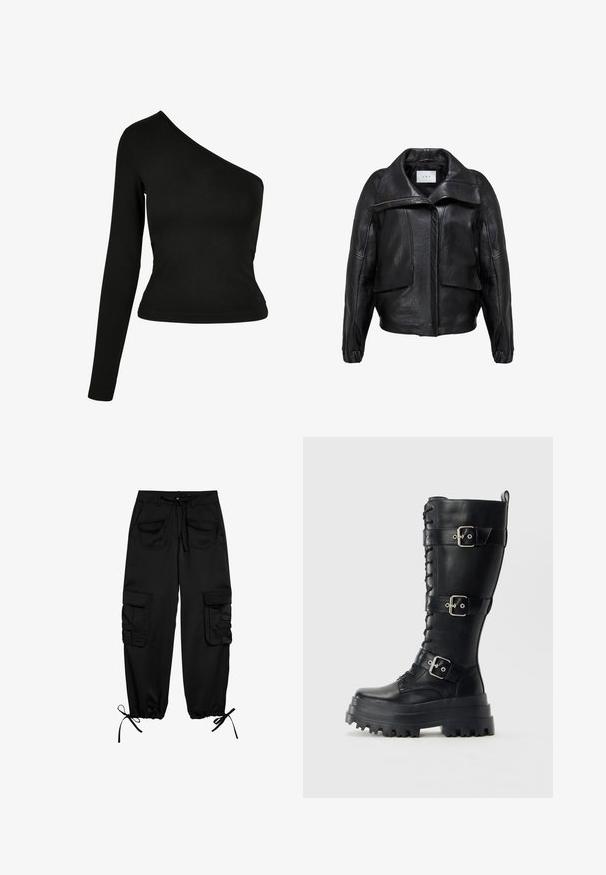 Sort læderjakke med et struktureret design, der har en bred krave, store forlommer og en frontlynlås. Glat tekstur.; Sort langærmet top med en asymmetrisk halsudskæring. Fremstillet af glat stof, tætsiddende design og en buet kant. Uden mønstre eller dekorationer.; Sorte cargo-bukser lavet af blødt stof, med snor i taljen, to forlommer og to sidelommer med knapklapper. Justerbare manchetter.; Høj sort læder militærstøvle med kraftig sål, tre justerbare spænder og snørebånd foran på en ensfarvet baggrund.