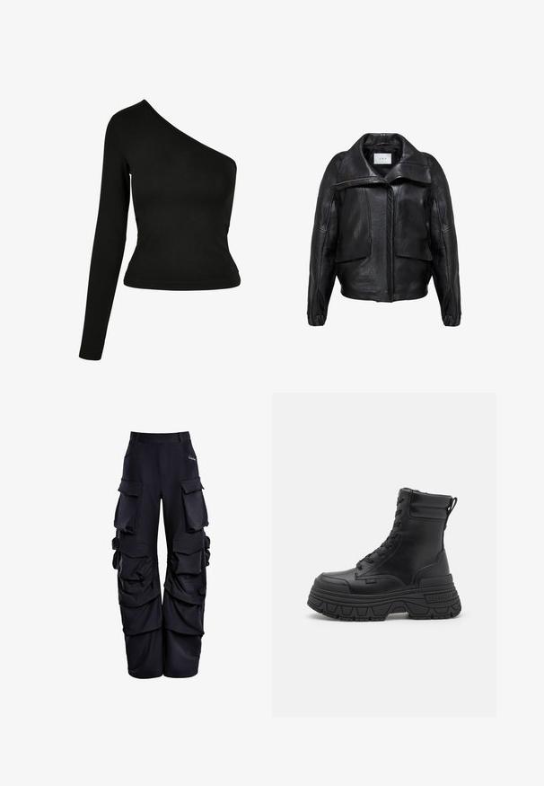 Sort læderjakke med et struktureret design, der har en bred krave, store forlommer og en frontlynlås. Glat tekstur.; Sort langærmet top med en asymmetrisk halsudskæring. Fremstillet af glat stof, tætsiddende design og en buet kant. Uden mønstre eller dekorationer.; Sorte cargo bukser lavet af struktureret stof, med flere store lommer, en afslappet pasform og fornæbbede detaljer langs siderne.; Sorte snørebukser i ankellængde lavet af glat læder, med en kraftig platformsål, en forstærket hæl og en løkke til nem påtagning.