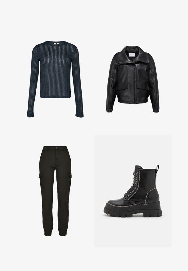 Veste en cuir noir avec un design structuré, dotée d'un large col, de grandes poches avant et d'une fermeture éclair à l'avant. Texture lisse.; Haut à manches longues marine en tissu transparent et texturé avec des rayures verticales. Encolure arrondie et ourlet légèrement court. Étiquette visible sur le côté.; Pantalons cargo noirs avec une taille ajustée et des poignets élastiques. Dispose de poches latérales et d'une texture de tissu lisse et durable.; Bottes de cheville en cuir noir avec une semelle en caoutchouc épaisse, dotées d'un lacet à l'avant, d'une fermeture éclair sur le côté et d'accents en métal argenté.