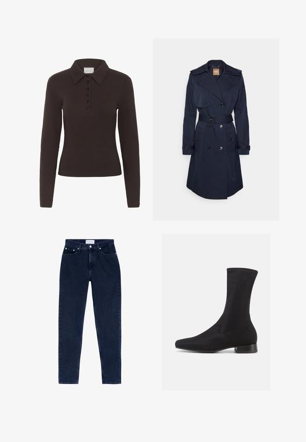 Abrigo trench de color azul marino, confeccionado en tejido suave, con cintura ceñida por un cinturón, frente doble botonadura, amplio cuello y tiras en los puños.; Camisa polo de manga larga marrón oscuro con seis botones negros y un pequeño logo bordado en el lado izquierdo del pecho.; Jeans de denim de lavado oscuro con corte slim, que cuentan con cinco bolsillos, botones metálicos y una etiqueta en la cinturilla. Diseño limpio y de corte recto.; Botín negro hasta el tobillo con parte superior de tela suave y elástica y tacón bajo apilado. Presenta una puntera puntiaguda y un diseño sin costuras.