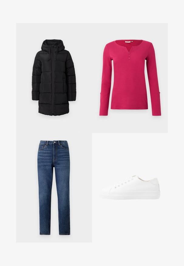 Zwarte gewatteerde jas met een capuchon, voorzien van een voorgesloten rits, elastische trekkoorden en gestikte panelen voor isolatie.; Langsleeve roze top met een geribbelde textuur, voorzien van een Henley-halslijn en een knoopsluiting met drie knopen. Inclusief splitaccenten bij de mouwuiteinden.; Hoge taille blauwe denim jeans met rechte pijpen, voorzien van subtiele wassing, sluiting met één knoop en een vijf-pocket ontwerp.; Witte canvas sneakers met een laag ontwerp, ronde neus, zes veteropeningen en een gestructureerde rubberen zool. Gladde materialen met minimale accenten.