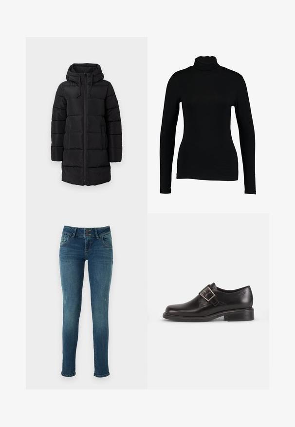Schwarze gepolsterte Jacke mit Kapuze, ausgestattet mit einem Reißverschluss an der Vorderseite, elastischen Kordeln und genähten Paneelen zur Isolierung.; Schwarzes Langarm-Turtleneck-Top aus glattem Stoff, mit taillierter Passform und hohem Kragen, geeignet zum Layering oder als eigenständiges Kleidungsstück.; Schlanke blaue Jeans aus Denim mit einer ausgewaschenen Optik, zwei Knopfverschluss, fünf Taschen und leicht abgetragenen Details in der Kniegegend.; Schwarze Leder-Dressschuhe mit abgerundeter Zehenform, seitlichem Gürtelverschluss und strukturierter Sohle, vor einem schlichten weißen Hintergrund.