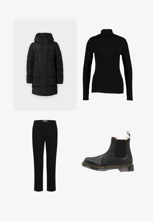 Čierna prešívaná bunda s kapucňou, ktorá má predný zips, elastické šnúrky a prešité panely pre izoláciu.; Čierny dlhý rukáv turtleneck top vyrobený z hladkej látky, s priliehavým strihom a vysokým golierom, vhodný na vrstvenie alebo samostatné nosenie.; Čierne bavlnené nohavice s rovnými nohavicami. Obsahujú päť vreciek a zapínanie na prednom tlačidle. Hladká textúra, minimálne detaily šitia.; Čierne kožené členkové topánky s textúrovanými bočnými panelmi, mäkkou bielou umelou kožušinou vo vnútri, žltým prešívaním a odolnou gumovou podrážkou.
