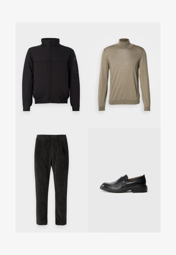 Sort jakke med høj krave, kontrasterende overpanel, elastiske manchetter og kant, samt en lynlåslomme på ærmet. Glat stofstruktur.; Beige højhalset sweater, lavet af tynd ribbet stof. Lange ærmer med tætsiddende manchetter og en lige kant i bunden. Enkel design, ingen mønstre.; Fløjlsbukser i mørkegrå med lodrette ribber, knaplukning og sidelommer med en tætsiddende pasform. Blød tekstur.; Sorte læder slip-on dress sko med lav hæl og subtil Calvin Klein logo på siden, vist i profil på en hvid baggrund.