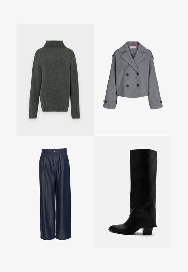 Manteau gris court croisé à double boutonnage avec larges revers, poignets boutonnés et épaulettes, avec une étiquette rose JJXX à l'intérieur du col.; Pull en tricot vert foncé avec un col haut, des manches longues et une coupe décontractée. Son tissu texturé présente un aspect doux et légèrement duveteux.; Pantalons larges en denim bleu marine à taille haute, avec des plis à l'avant et des détails en couture dorée, texture lisse et fermeture à bouton.; Botte haute en cuir noir avec couture inclinée, bout pointu et talon épais de taille moyenne sur fond blanc.
