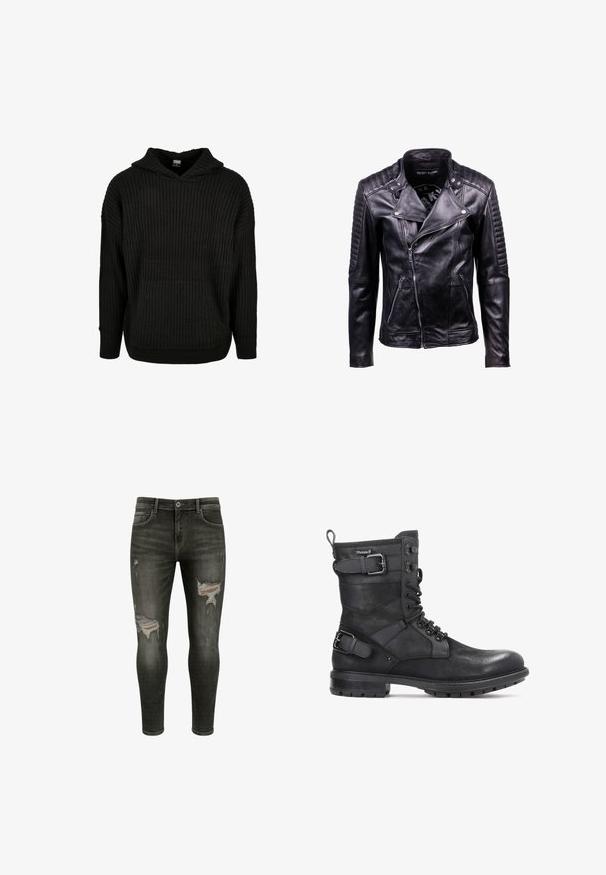 Zwarte leren bikerjack met doorgestikte schouder- en armpanelen, asymmetrische ritssluiting aan de voorkant en met ritsen afgesloten zakken.; Zwarte geribbelde gebreide hoodie met een voorzak en een capuchon met trekkoord. Heeft een losse fit en een gestructureerd patroon op de stof.; Zwarte skinny jeans met gescheurde details op de bovenbenen, middelmatige wassing, klassiek vijf-pocket ontwerp en sluiting met metalen knoop.; Kazar HEARD - Cowboy-/Bikerlaarsjes - black