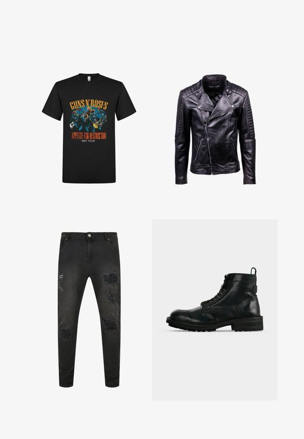 Chaqueta de cuero negra para motociclista con paneles acolchados en hombros y brazos, cierre frontal asimétrico y bolsillos con cremallera.; Camiseta de algodón negra con un gráfico colorido de los miembros de la banda y el texto "Guns N' Roses Appetite for Destruction 1987 Tour".; Jeans de mezclilla negra con un ajuste slim, que presentan detalles desgastados, desgarros y áreas desvaídas. Diseño estándar de cinco bolsillos con cierre de botón metálico.; Botín negro de cuero con cordones, suela gruesa y lengüeta en la parte trasera, mostrado de perfil sobre fondo blanco.