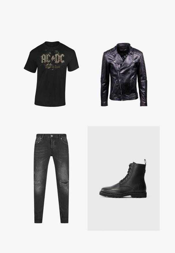 Schwarze Leder-Bikerjacke mit gesteppter Schulter- und Armpaneelen, asymmetrischem Frontreißverschluss und Reißverschlusstaschen.; Schwarzes Baumwoll-T-Shirt mit einem Grafikdruck von "AC/DC" und "Rock or Bust" in abgenutzter, stilisierter Schrift mit Spritzern.; Schwarze Denim-Jeans mit schmaler Passform, versehen mit ausgefransten Rissen an den Knien, klassischem Fünf-Taschen-Design und einem Reißverschluss mit Knopfverschluss.; Schwarze Lederstiefelette mit runder Zehenform, Schnürdesign und Metallösen. Verfügt über eine strukturierte Sohle und einen Zuglasche an der Ferse für einfachen Einstieg.