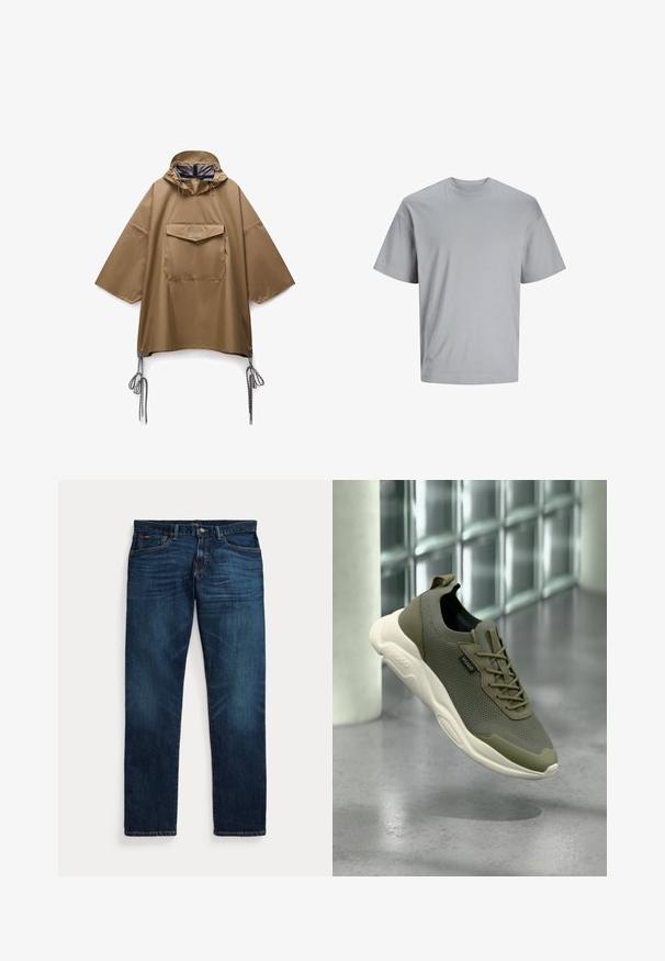 Poncho impermeable marrón con capucha, mangas anchas, bolsillo con solapa en el frente y cordones ajustables en el dobladillo a ambos lados.; Camiseta de manga corta gris claro hecha de tela de algodón suave, con cuello redondo y un ajuste relajado sin patrones ni logotipos visibles.; Vaqueros de mezclilla azul oscuro con un leve desvanecimiento en los muslos y bolsillos, cierre de botón y cremallera, y diseño de cinco bolsillos, colocados planos sobre un fondo blanco.; Zapatilla de punto verde oliva con suela blanca gruesa y etiqueta "HUGO", mostrada flotando sobre un suelo gris pulido cerca de ladrillos de vidrio.
