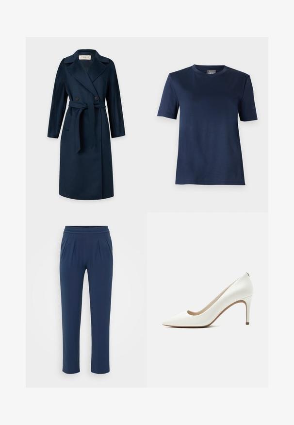 Abrigo largo azul marino con solapas anchas, botones cruzados, cinturón en la cintura y bolsillos laterales, mostrado sobre un fondo liso.; Camiseta azul marino de manga corta con cuello redondo, dobladillo recto y textura de tela suave, presentada sobre un fondo liso.; Pantalones de talle alto azul marino con cinturilla elástica, piernas rectas y anchas, y bolsillos laterales, exhibidos sobre un fondo plano.; Tacón de aguja blanco de cuero con punta afilada, tacón alto y delgado, y acabado suave, mostrado de lado sobre un fondo claro y liso.