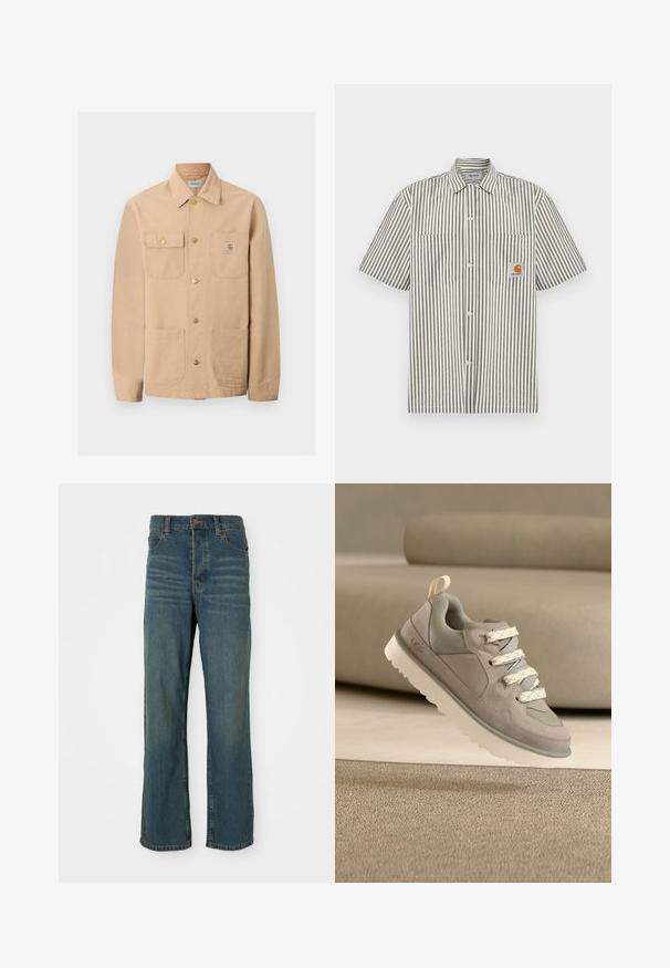 Béžová bunda Carhartt so štyrmi prednými vreckami, zapínaním na gombíky a nášivkou s logom značky na pravom náprsnom vrecku.; Pruhovaná košeľa s krátkym rukávom v sivej a bielej farbe, s dvoma náprsnými vreckami a obdĺžnikovou logovou náplasťou v oranžovej farbe. Dizajn s gombíkmi na prednej strane.; Modré džíny s rovnými nohavicami, obsahujúce päť vreciek, zapínanie na gombík a svetlé zafarbenie na prednej strane.; Svetlosivá teniska z semišu a sieťoviny, guľatá špička, šedé a biele šnúrky so vzorom a hrubá biela gumová podrážka.