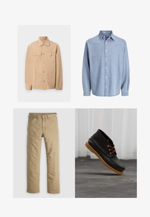 Beige Carhartt-Jacke mit vier Fronttaschen, Knopfverschluss und Markenlogo-Patch auf der rechten Brusttasche.; Himmelblaue Jeanshemd mit langen Ärmeln, Kragen und weißen Knöpfen, präsentiert vor einem schlichten weißen Hintergrund.; Khakifarbene Baumwollhose mit geradem Bein, Vordertaschen und Knopfverschluss. Glatte Textur und verstärkte Nähte für Langlebigkeit.; Schwarze Lederschuhe mit glatter Oberfläche, runder Zehenform, braunen Schnürsenkeln und hellbraunen Gummisohlen. Logo an der Seite geprägt.