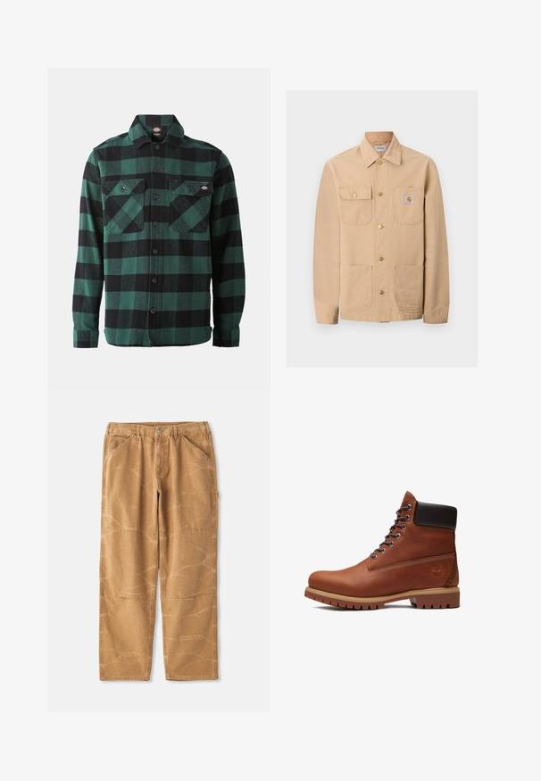 Beige Carhartt-jas met vier voorzakken, knoopsluiting en merklogo op de rechterborstzak.; Groene en zwarte geruite flanellen overhemd met lange mouwen, knoopsluiting aan de voorkant, twee borstzakken en een klassieke kraag. Zachte textuur, veelzijdig ontwerp.; Beige katoenen broek met een losse pasvorm, voorzien van zichtbare stiknaden, patchedetails en een licht gerimpelde structuur.; Bruine leren veterlaars met zwarte gewatteerde kraag, dikke beige zool en geperst boomlogo aan de hielkant.