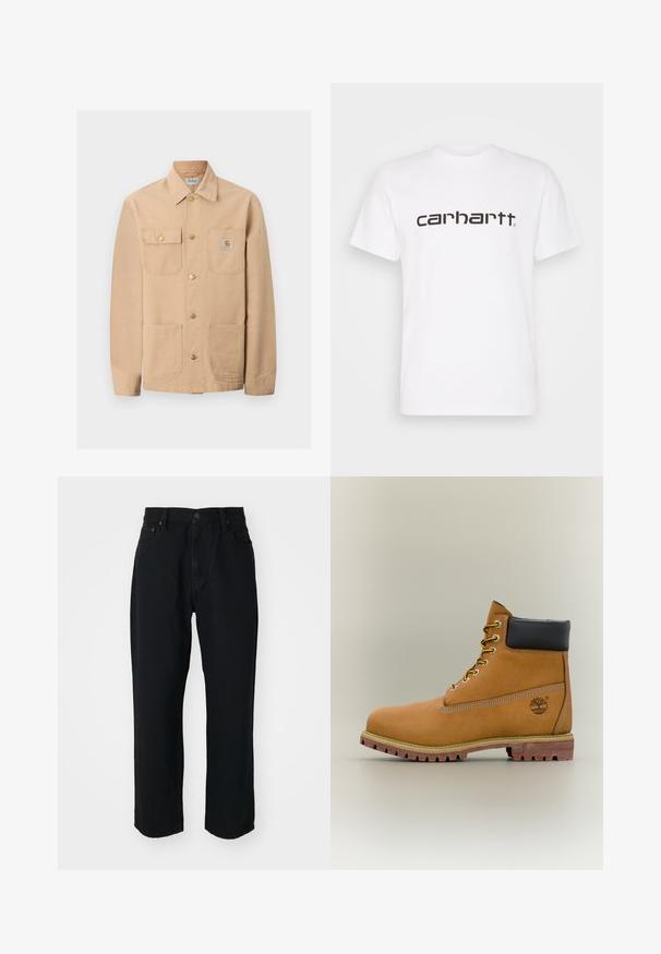 Beige Carhartt-jakke med fire forlommer, knaplukning og mærkelogo på den højre brystlomme.; Hvid bomulds t-shirt med korte ærmer og rund halsudskæring. Har et stort "carhartt" logo i mørkebrun på tværs af brystet.; Sorte denim jeans med lige snit, letvægts stof, fem-lomme design og en knaplukning i taljen.; Brun læderankelstøvle med sort krave, gule snørebånd og tanfarvet sål. Har logo og hvide syninger som detalje. Robust ydersål med greb.
