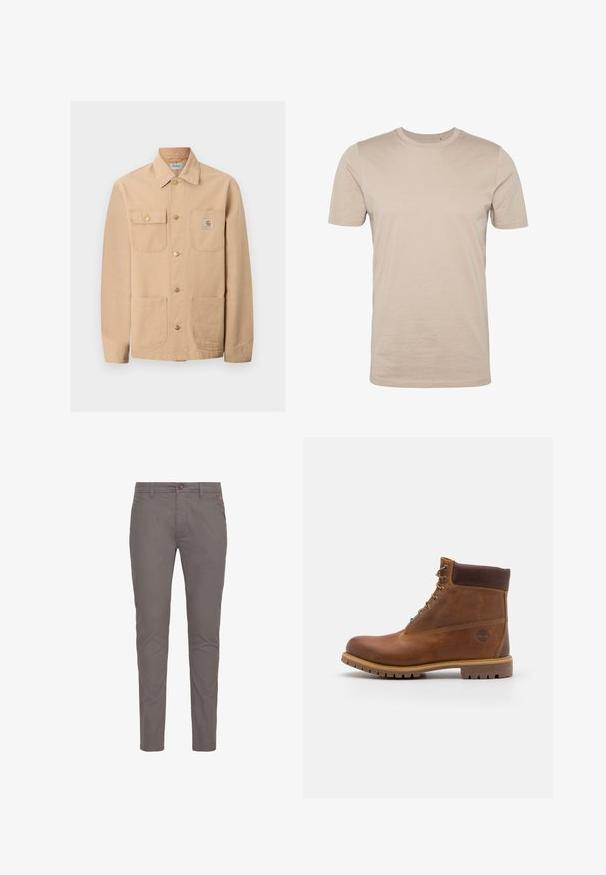 Beige Carhartt-jakke med fire forlommer, knaplukning og mærkelogo på den højre brystlomme.; Beige bomulds t-shirt, korte ærmer, rund hals, glat tekstur, sømløst design, letvægtsstof, ingen synlige logoer eller mønstre.; Grå bomulds chinos med lige pasform, der har knaplukning, standardlommer og minimalistisk design. Glat tekstur og ingen mønstre.; Brun læder vandrestøvle med en glat finish, polstret ankel, metalliske snørehuller og en gummisål med et robust dækmønster.