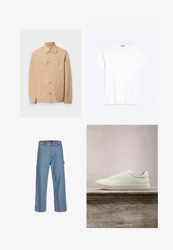Μπεζ μπουφάν Carhartt με τέσσερις μπροστινές τσέπες, κούμπωμα με κουμπιά και ετικέτα με το λογότυπο της μάρκας στην δεξιά τσέπη στο στήθος.; Απλό λευκό T-shirt με κοντά μανίκια και στρογγυλή λαιμόκοψη, με εμφανές ετικέτα της μάρκας WEEKDAY στο γιακά, παρουσιάζεται σε φωτεινό φόντο.; Ανοιχτό μπλε τζιν παντελόνι με άνετη εφαρμογή, ίσιες γραμμές και κλασικό κουμπί στη μέση. Διαθέτει πλαϊνές τσέπες και διακριτές ραφές.; Λευκά sneakers με κορδόνια που αιωρούνται πάνω από ξύλινο παγκάκι με πράσινη βλάστηση στο φόντο, επιδεικνύοντας το σχέδιο και την υφή του παπουτσιού.