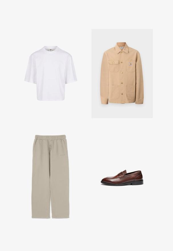 Béžová bunda Carhartt so štyrmi prednými vreckami, zapínaním na gombíky a nášivkou s logom značky na pravom náprsnom vrecku.; Biela, krátkymi rukávmi tričko s okrúhlym výstrihom a voľným strihom, vyrobené z hladkej bavlnenej zmesi. Bez vzorov alebo ozdôb.; Pegador Tepláky - vintage rock grey; Hnedé kožené loafers s hladkým povrchom, zaoblenou špičkou, dekoratívnym pásikom a čiernou gumovou podrážkou. Obsahuje minimálny detail šitia.