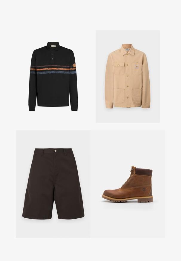 Beige Carhartt-jas met vier voorzakken, knoopsluiting en merklogo op de rechterborstzak.; Zwarte polo met lange mouwen, gekenmerkt door een textuur met horizontale strepen in oranje en blauw, met een logopatch op de linker mouw.; Donkerbruine korte broek gemaakt van gladde stof. Voorzien van steekzakken, riemlussen en een platte voorkant. Rechte snit met een knielengte ontwerp.; Bruine leren wandelschoen met een gladde afwerking, gevoerde enkel, metalen oogjes en een rubberen zool met een robuust profiel.