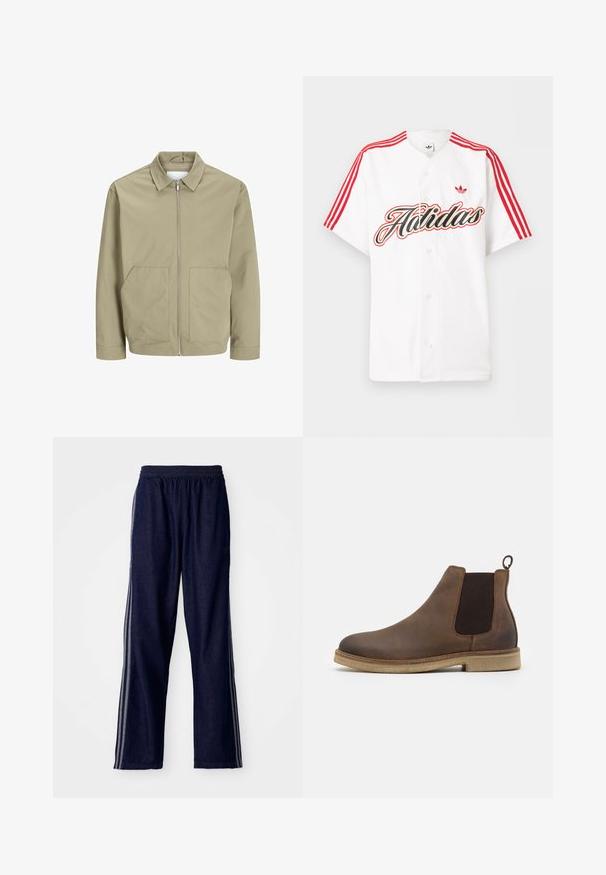 Helle Khakijacke aus glattem Stoff mit Kragen, Frontreißverschluss und zwei seitlichen Taschen. Lange Ärmel und lockere Passform.; Weißes kurzärmeliges Hemd mit Knopfleiste, roten Adidas-Streifen auf den Schultern, großem stilisiertem Schriftzug "Adidas" und rotem Trefoil-Logo auf der Brust.; Marineblaue Sporthosen mit einem elastischen Bund, ausgestattet mit drei weißen seitlichen Streifen und einem geraden Bein. Weicher Denim-Look.; Braune Leder-Chelsea-Stiefel mit elastischen Seitenpaneelen, abgerundeter Zehe, Zuglasche und einer hellbraunen strukturierten Sohle.