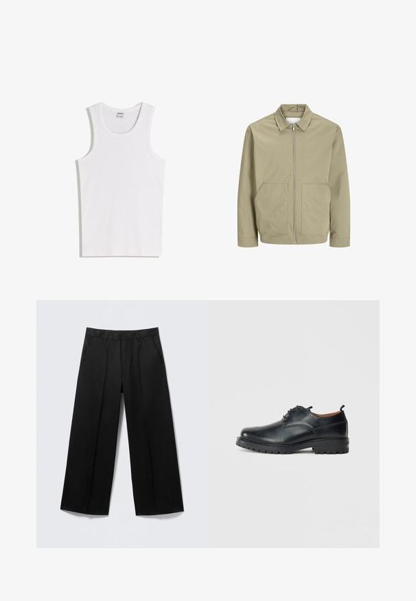 Veste en khaki clair en tissu lisse, dotée d'un col, d'une fermeture éclair à l'avant et de deux poches latérales. Manches longues et coupe décontractée.; Débardeur blanc en coton avec un col rond et de larges bretelles. Texture lisse, sans motifs ni accents, design simple.; Pantalon large noir avec passants pour ceinture, poches avant et fermeture éclair, présenté sur un fond gris clair.; Chaussures derby en cuir noir avec une texture lisse, bout rond, design à lacets et une semelle en caoutchouc épaisse et robuste.