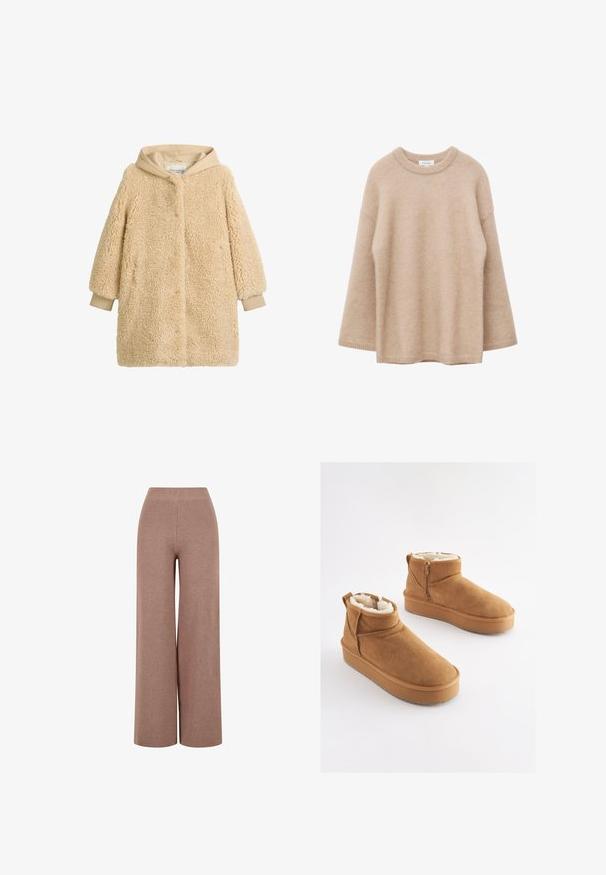 Beige hyrdefrakke med en fluffy tekstur, oversized silhuet og hætte. Ribbet manchetter og detalje ved frontlukningen. Blødt, varmt materiale.; Beige langærmet sweater med rund hals, blød og fnugget tekstur og løs pasform, vist mod en hvid baggrund.; Brune, vide strikkede bukser med et tekstureret stof, der har en elastisk talje og en løs pasform for komfort.; Lysebrune ankelstøvler i ruskind med imiteret pelsforing, flad platformssål og lynlås i siden for nem påtagning. Har rundet tå og minimal syning.