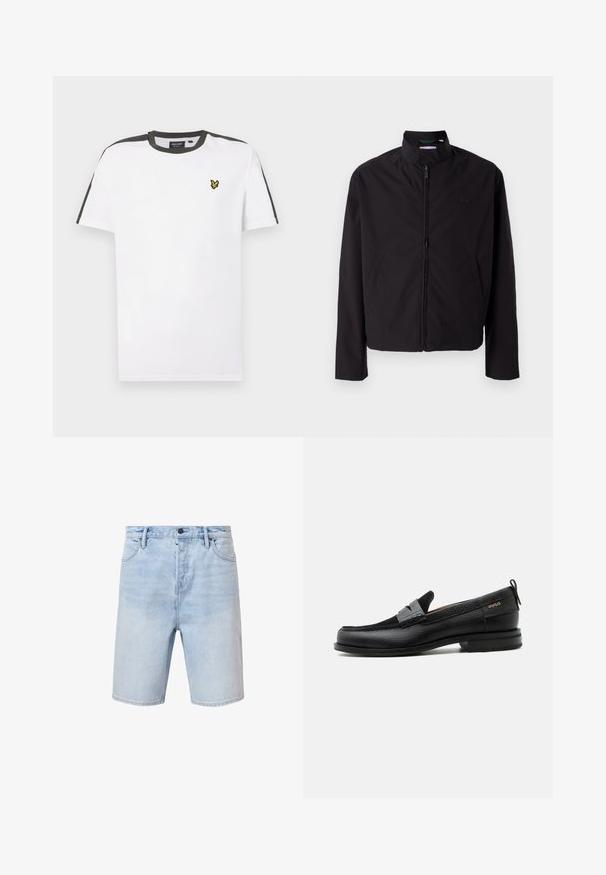 Chaqueta ligera negra, cierre de cremallera, cuello alzado, bolsillos laterales, tejido suave, diseño minimalista con acento de logo en el pecho.; Camiseta blanca de algodón con cuello redondo, con acentos en negro en los hombros y un pequeño logo amarillo en el lado izquierdo del pecho. Mangas cortas.; Pantalones cortos de mezclilla azul claro con un ajuste regular, diseño de cinco bolsillos y cierre de botón. Presentan un ligero desvanecimiento y dobladillo cosido.; Mocasín de cuero negro con detalle de tira gris, tacón bajo y suela texturizada, con la marca "HUGO" en oro en el lateral.