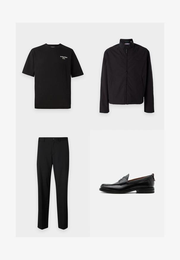 Chaqueta ligera negra, cierre de cremallera, cuello alzado, bolsillos laterales, tejido suave, diseño minimalista con acento de logo en el pecho.; Camiseta de algodón negra con mangas cortas, cuello redondo, que presenta "Jeu Set et Match" en bordado blanco y un acento de logo de cocodrilo verde.; Pantalones de traje negros con frente plano, cintura estándar y piernas rectas. Hechos de una tela suave, con un cierre de botón único.; Mocasín de hombre de piel negra con costura moc toe, tira penny, cuello texturizado y tacón bajo apilado sobre fondo blanco.