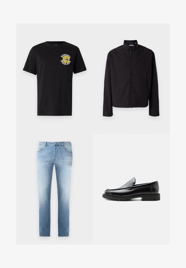 Chaqueta ligera negra, cierre de cremallera, cuello alzado, bolsillos laterales, tejido suave, diseño minimalista con acento de logo en el pecho.; Camiseta de algodón negra con mangas cortas, que presenta un gráfico de girasol amarillo y el texto "SUNNIES POOL BAR" en el área del pecho izquierdo.; Jeans de mezclilla azul claro con un acabado ligeramente desgastado, diseño de pierna recta, estilo de cinco bolsillos y cierre de botón de metal en la cintura.; Mocasín de cuero negro con suela de goma gruesa, empeine cosido y nombre de la marca en relieve en el talón, mostrado en perfil lateral sobre fondo blanco.