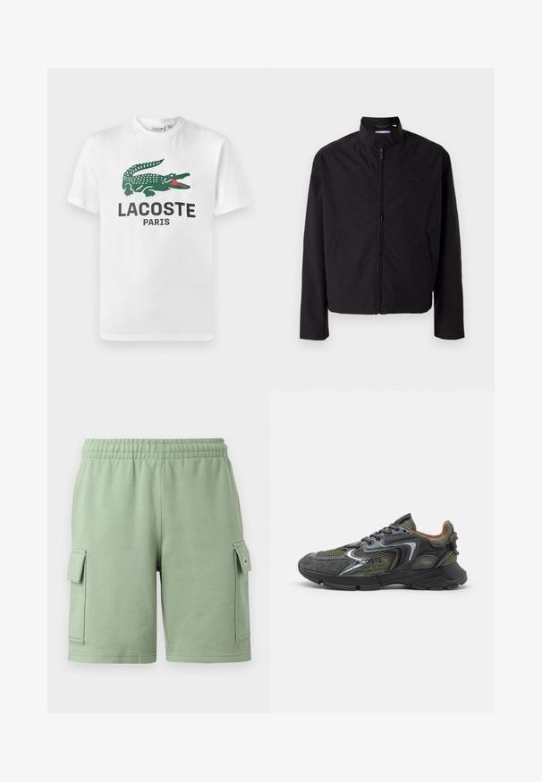 Chaqueta ligera negra, cierre de cremallera, cuello alzado, bolsillos laterales, tejido suave, diseño minimalista con acento de logo en el pecho.; Lacoste Camiseta estampada - white; Pantalones cortos de algodón verde con una cintura elástica, dos bolsillos laterales tipo cargo y un pequeño detalle de logo en el bolsillo izquierdo.; Zapatillas deportivas con parte superior de material mixto en verde oscuro, gris y negro. Presentan paneles de malla, una suela texturizada y un collar acolchado.