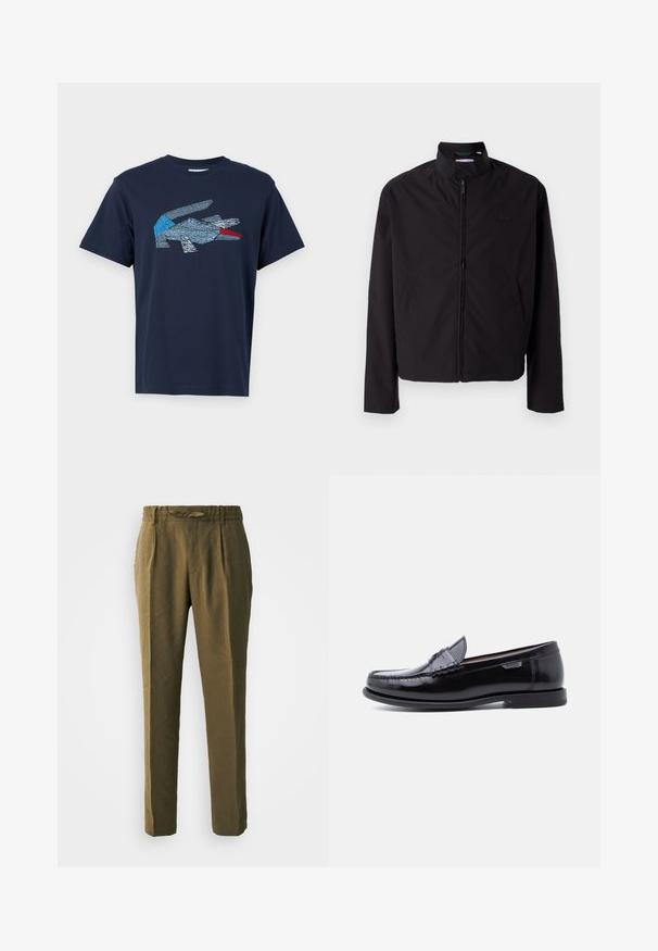 Chaqueta ligera negra, cierre de cremallera, cuello alzado, bolsillos laterales, tejido suave, diseño minimalista con acento de logo en el pecho.; Lacoste Camiseta estampada - dark blue; Pantalones verde oliva hechos de material suave, con un corte holgado, frente plisado y una cinturilla elástica con un cordón a juego.; Mocasines de cuero negro con acabado brillante, que presentan un diseño cosido en la puntera y una suela baja de goma negra texturizada.