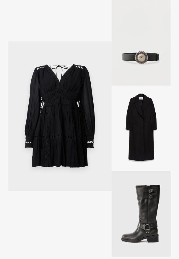 Abrigo largo negro de lana, con cuello de muesca, diseño de doble botonadura, bolsillos de solapa y mangas abotonadas.; Mini vestido negro de manga larga con escote en V, ribete de encaje, tejido fruncido y cierre con lazo en la parte posterior del cuello.; Bota de cuero negra hasta la mitad de la pantorrilla con dos hebillas plateadas cerca de la parte superior y una correa decorativa con anillo de metal alrededor del tobillo, con tacón cuadrado.; Cinturón de cuero negro con una gran hebilla redonda plateada que presenta grabados de motivos florales y pequeños detalles dorados.