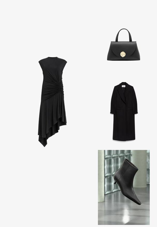 Zwarte lange jas van wol, met een geknipt kraag, dubbelgevoerde ontwerp, klepzakken en knoopmouwen.; Zwarte mouwloze jurk met geplooide details aan de zijkant, voorzien van een asymmetrische zoom die elegant valt. Zachte stofstructuur.; Zwarte leren enkellaars met puntige neus en lage hak, afgebeeld tegen een glazen blokkenmuur en gepolijste vloer op de achtergrond.; Zwarte leren handtas met een gestructureerde vorm, afgeronde bovenkant en een gouden ronde sluiting. Voorzien van korte, stevige handvatten en een gladde textuur.
