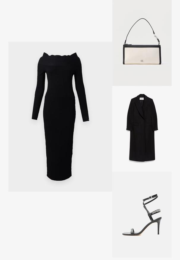 Abrigo largo negro de lana, con cuello de muesca, diseño de doble botonadura, bolsillos de solapa y mangas abotonadas.; Vestido negro de punto con cuello off-the-shoulder, mangas largas y silueta ajustada que se extiende hasta la mitad de la pantorrilla.; Sandalia negra de tacón alto con tira delgada en el tobillo, tira en la parte media del pie decorada con eslabones de cadena plateados y diseño de punta abierta.; Clutch rectangular crema con ribete y asa negros, con un pequeño logo "cK" plateado en el centro delantero.