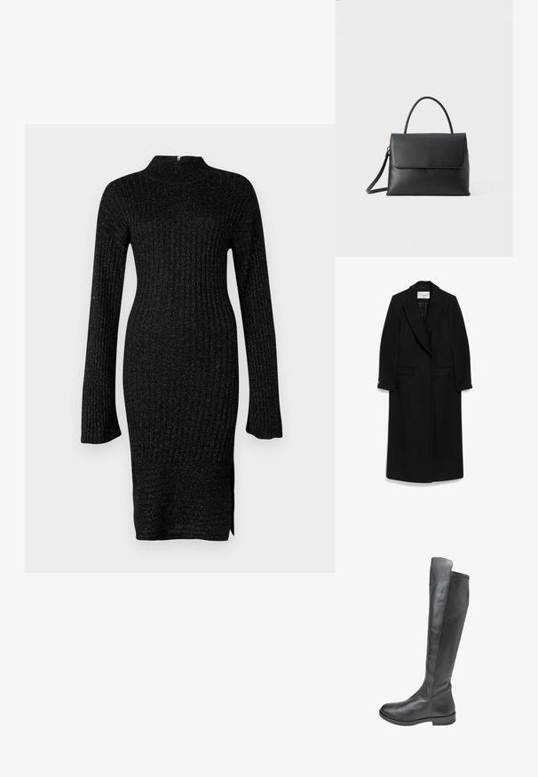 Manteau long noir en laine, doté d'un col cranté, d'un design à double boutonnage, de poches à rabat et de manches à boutons.; Robe en maille côtelée noire avec des manches longues, col haut et tissu texturé comprenant des fils métalliques discrets, fente sur le côté à l'ourlet.; Botte en cuir noire jusqu'au genou avec semelle plate et bout arrondi, finition lisse et léger détail de couture sur le haut de la tige.; Sac à main en cuir noir avec un design structuré, fermeture à rabat, poignée supérieure et bandoulière ajustable. Présente un logo embossé discret.