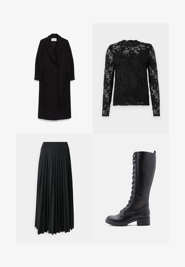 Manteau long noir en laine, doté d'un col cranté, d'un design à double boutonnage, de poches à rabat et de manches à boutons.; Top noir à manches longues en dentelle, présentant un motif floral, un col haut et une silhouette ajustée avec des détails texturés.; Jupe maxi plissée noire avec une large ceinture élastique. Fabriquée en tissu doux et fluide, elle présente des plis verticaux pour une texture supplémentaire.; Bottes en cuir noir montantes jusqu'au genou, avec une pointe arrondie, un laçage à l'avant, des œillets en métal et un talon épais. Fini texturé avec une apparence lisse.