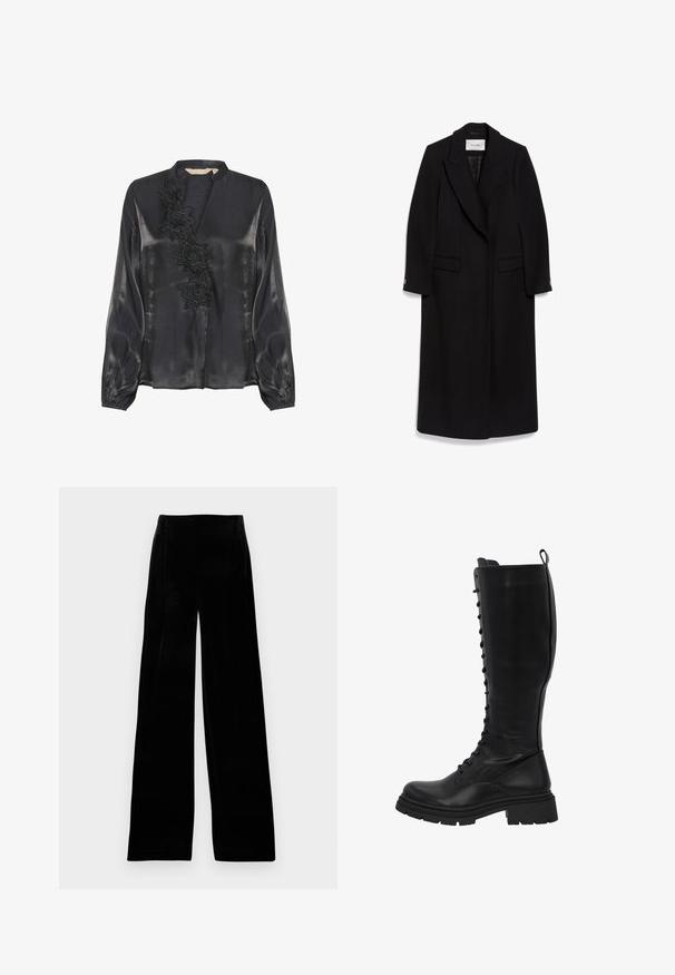 Abrigo largo negro de lana, con cuello de muesca, diseño de doble botonadura, bolsillos de solapa y mangas abotonadas.; Culture CUFIOLA - Blusa - black; Pantalones de terciopelo negro de pierna ancha con cintura alta, frente plisado y textura suave, diseñados para un ajuste relajado.; Las botas de cuero negro hasta la rodilla presentan un frente con cordones, una suela resistente con estrías y un eje ancho para un uso cómodo.