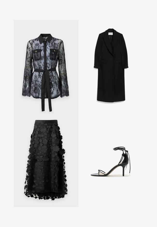 Schwarzer langer Wollmantel mit Reverskragen, doppelter Knopfleiste, stehenden Taschen und geknöpften Ärmeln.; Schwarze Spitzenbluse mit langen Ärmeln, knöpfbaren Brusttaschen, klassischem Kragen und einem Stoffgürtel, der an der Taille gebunden ist. Transparenter Design.; Schwarzer Midi-Rock aus durchsichtigem Stoff mit schichtweisen Blumenapplikationen. Verfügt über einen glatten Taillenbund und eine fließende Silhouette. Keine sichtbaren Verschlüsse.; Schwarze Sandalette mit dünnen Riemchen, Knöchelband und mittelhohem Stilettabsatz auf weißem Hintergrund.