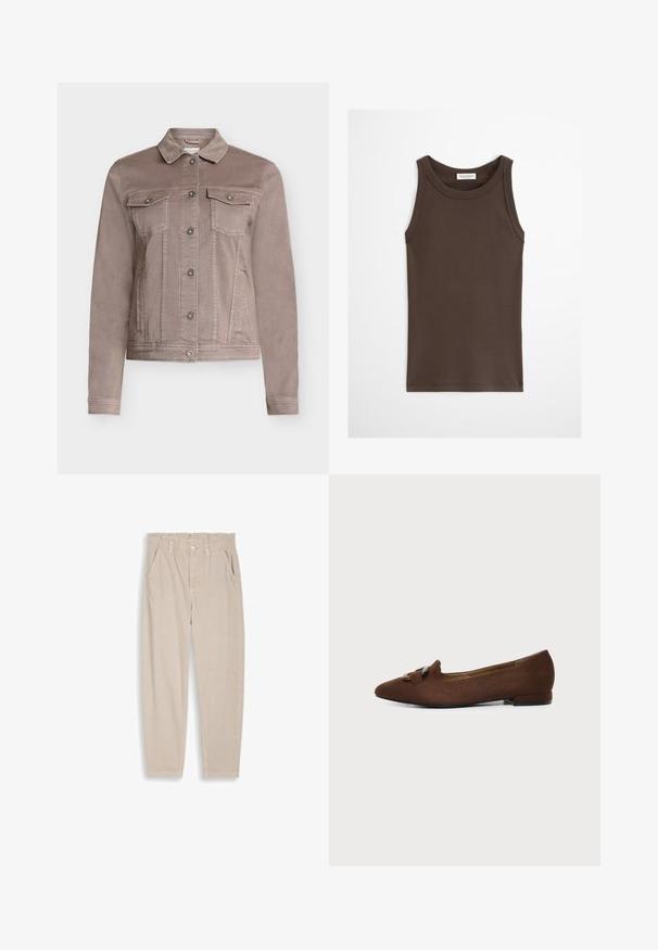 Veste en denim taupe avec fermeture à boutons, deux poches poitrine à rabat avec boutons, poches latérales et col classique.; Débardeur marron foncé ajusté sans manches avec encolure ronde, présenté sur un fond clair uni.; Pantalon beige à jambes droites avec taille élastique, passants pour ceinture, fermeture par bouton et poches avant, présenté sur un fond uni.; Chaussure plate marron à bout pointu avec détail décoratif de boucle sur le dessus, sur fond clair uni.