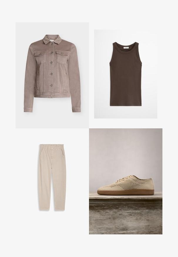 Veste en denim taupe avec fermeture à boutons, deux poches poitrine à rabat avec boutons, poches latérales et col classique.; Débardeur marron foncé ajusté sans manches avec encolure ronde, présenté sur un fond clair uni.; Pantalon beige à jambes droites avec taille élastique, passants pour ceinture, fermeture par bouton et poches avant, présenté sur un fond uni.; Baskets perforées beiges avec bout arrondi, design à lacets, tige en tissu texturé et semelle en caoutchouc marron. Présente de petits trous de ventilation tout au long.