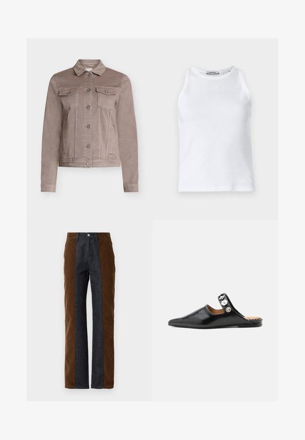 Taupefarbige Jeansjacke mit Knopfverschluss, zwei Brusttaschen mit Klappen und Knöpfen, Seitentaschen und klassischem Kragen.; Weißer, gerippter Tanktop mit rundem Ausschnitt, ärmellosem Design und kleinem Logo auf der Vorderseite. Glatte Textur und figurbetonter Schnitt.; Cordhosen und Jeans mit vertikalen Paneelen in dunkelbraun und Marineblau, geradem Schnitt und klassischem Fünf-Taschen-Design.; Schwarzer spitzer Leder-Mule mit niedrigem Absatz und dekorativen silbernen Blumenknöpfen an einem oberen Riemen.