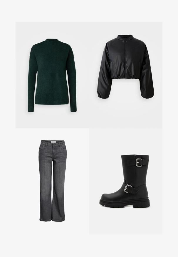 Čierna skrátená bomber bunda s hladkou, umelými kožou podobnou textúrou, zapínaním na zips a pružnými manžetami pre priliehavý strih.; Vero Moda Tall VMLEFILE BOXY - Svetrík - scarab melange; Široké džíny z tmavošedej džínoviny. Majú vysoký pás, tradičný dizajn s piatimi vreckami a čistý lem bez ozdôb.; Čierna kožená členková topánka s dvoma bočnými prackami, hrubou podrážkou, zaoblenou špičkou a hladkým povrchom. Navrhnutá na odolnosť a štýl.
