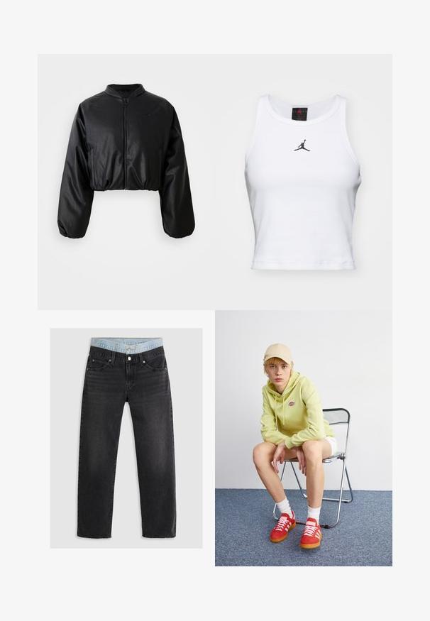 Čierna skrátená bomber bunda s hladkou, umelými kožou podobnou textúrou, zapínaním na zips a pružnými manžetami pre priliehavý strih.; Biely crop tank top vyrobený z bavlny s rebrovanou textúrou. Obsahuje čierne logo Jordan v strede a klasický okrúhly výstrih.; Čierne džíny z denimu so strižou rovného nohavicu, s pásom z svetlého denimu. Tkanina má jemnú textúru so slabým vyblednutím.; Svetlozelená mikina s logom, biele šortky, červené tenisky s bielymi pruhmi, sediaca na chrómovej skladacej stoličke proti neutrálnemu pozadiu.