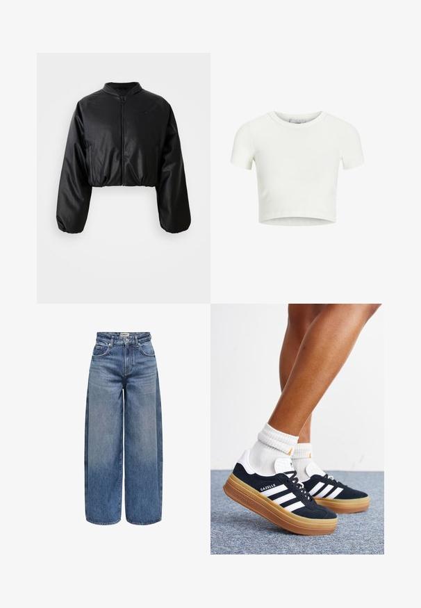 Μαύρο cropped bomber jacket με απαλή, τεχνητή δερμάτινη υφή, κλείσιμο με φερμουάρ και ελαστικούς καρπούς για εφαρμόζουσα σιλουέτα.; Λευκό, κοντομάνικο μπλουζάκι φτιαγμένο από ριπ ύφασμα. Διαθέτει στρογγυλή λαιμόκοψη και κοντά μανίκια. Λείο ύφασμα με εφαρμοστή γραμμή.; Μπλε τζιν παντελόνι σε ευρεία γραμμή, με ψηλή μέση, εμφανή ραφή, πέντε τσέπες και κουμπί στο μπροστινό μέρος.; Πόδια με λευκές κάλτσες και μαύρα αθλητικά παπούτσια Adidas Gazelle με λευκές ρίγες και χοντρές καφέ σόλες σε γκρι χαλί.