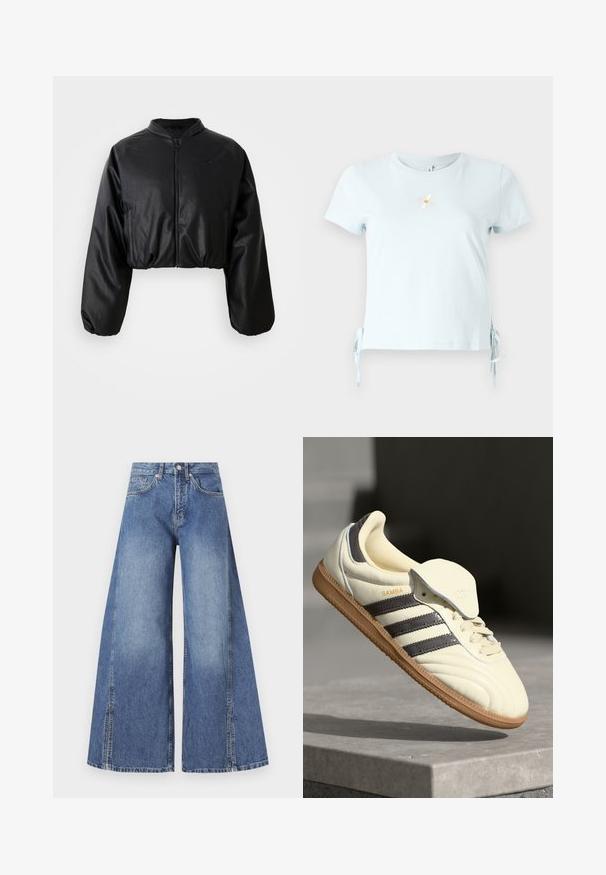 Veste bomber noire cropped avec une texture en cuir synthétique lisse, fermeture éclair et poignets élastiques pour un look ajusté.; T-shirt en coton bleu clair avec des manches courtes, des liens sur les côtés et un motif de marguerite brodé avec le mot "Sourire" en dessous.; Jean en denim à jambes larges de couleur bleu clair. Fabriqué en coton texturé, avec une taille haute, des poches avant et des coutures latérales distinctes.; Baskets en cuir crème avec trois bandes sombres, une semelle extérieure en gomme marron et un bout arrondi. Présentent une languette pliable étiquetée "SAMBA."