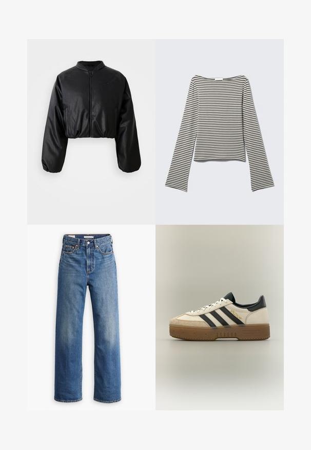 Chaqueta bomber corta negra con una textura suave de cuero sintético, cierre de cremallera y puños elastizados para un ajuste ceñido.; Top de manga larga y corte corto en rayas horizontales grises y blancas suaves, confeccionado con una tela suave, con un amplio escote estilo barco y mangas acampanadas.; Vaqueros de mezclilla azul claro con cintura alta, diseño de pierna ancha, estilo clásico de cinco bolsillos y un sutil desgaste en la tela.; Zapatilla blanca Adidas con rayas negras, puntera de ante beige, suela marrón y "SPEZIAL" en letras doradas en el lateral.