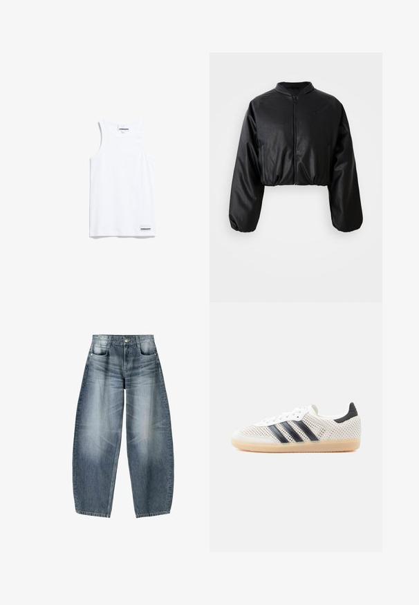 Schwarze, taillierte Bomberjacke aus glattem, kunstlederähnlichem Material, mit Reißverschluss und elastischen Bündchen für eine figurbetonte Silhouette.; Weißes Tanktop aus Baumwolle. Verfügt über breite Träger und einen abgerundeten Halsausschnitt. Enthält ein kleines Markenlabel unten links.; Weite Jeans aus hellblauem Denim mit Ausbleichungen, im fünf-Taschen-Design, mit Knopfverschluss und minimalen Nähtelementen.; Weiße Mesh-Sneaker mit schwarzem Drei-Streifen-Design, abgerundeter Spitze und Gummisohle. Verfügen über einen weichen Fersenkragen und Schnürverschluss.