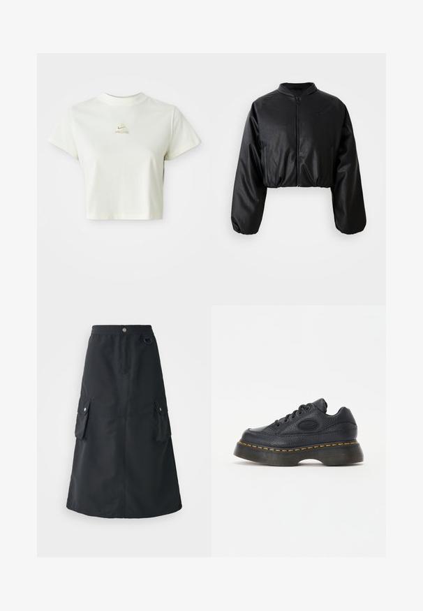 Čierna skrátená bomber bunda s hladkou, umelými kožou podobnou textúrou, zapínaním na zips a pružnými manžetami pre priliehavý strih.; Krátke biele crop tričko s malým béžovým logom Nike ACG umiestneným pod výstrihom.; Čierna sukňa po stred členkov vyrobená z ľahkej látky, s elastickým pásom, dvoma cargo vreckami a jemným leskom.; Čierne kožené tenisky s textúrovaným povrchom, okrúhlou špičkou a hrubou platformou. Obsahujú žlté akcentové švy a značkové logo na boku.