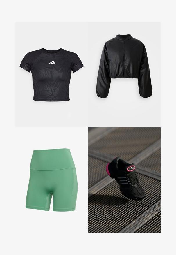Sort cropped bomberjakke med en glat skalobt lædertekstur, lynlåslukning og elastiske manchetter for en tætsiddende silhuet.; Sort cropped atletisk t-shirt med et struktureret mønster, korte ærmer og et hvidt logo på brystet. Materialet ser glat og fleksibelt ud.; Grønne sportsshorts lavet af strækbart materiale. Har en høj talje og sidelommer. Glat tekstur uden mønstre.; Sort sportssko med mesh-overdel, lyserøde accenter og sorte stribede detaljer. Har en tekstureret ydersål og et logo på hælen.