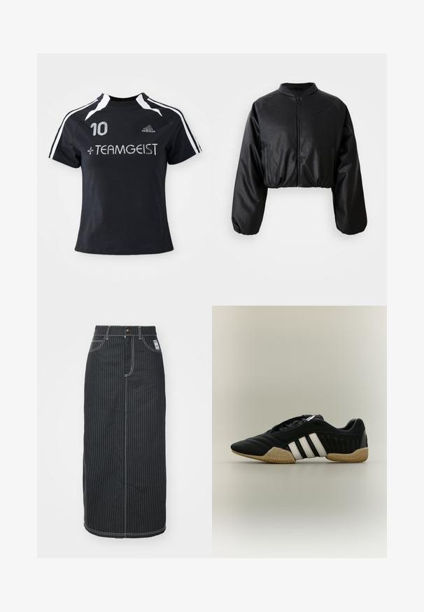 Musthulukem jahe must bomber-jakk, millel on sile, kunstnahast tekstuur, lukuga sulgemine ja elastsed mansetid, mis tagavad kehakumeruse.; Must must sleevesega jersy, millel on valged triibud, esiküljel on broderitud number "10" ja "+ TEAMGEIST". Valmistatud pehmest ja hingavast materjalist.; Mustmust värvi midi seelik valgete vertikaalsete triipudega. Omab nupukujulist vööd, kahte esikotti ja kontrastset õmblust. Sirge lõikega disain.; Must spordijalats valgete triipude ja beežika tekstuuriga tallaga neutraalsel taustal, nähtud külgprofiilis.